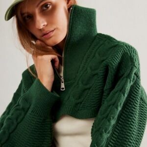 Free People Forest Green Cable Knit Turtleneck Sweater